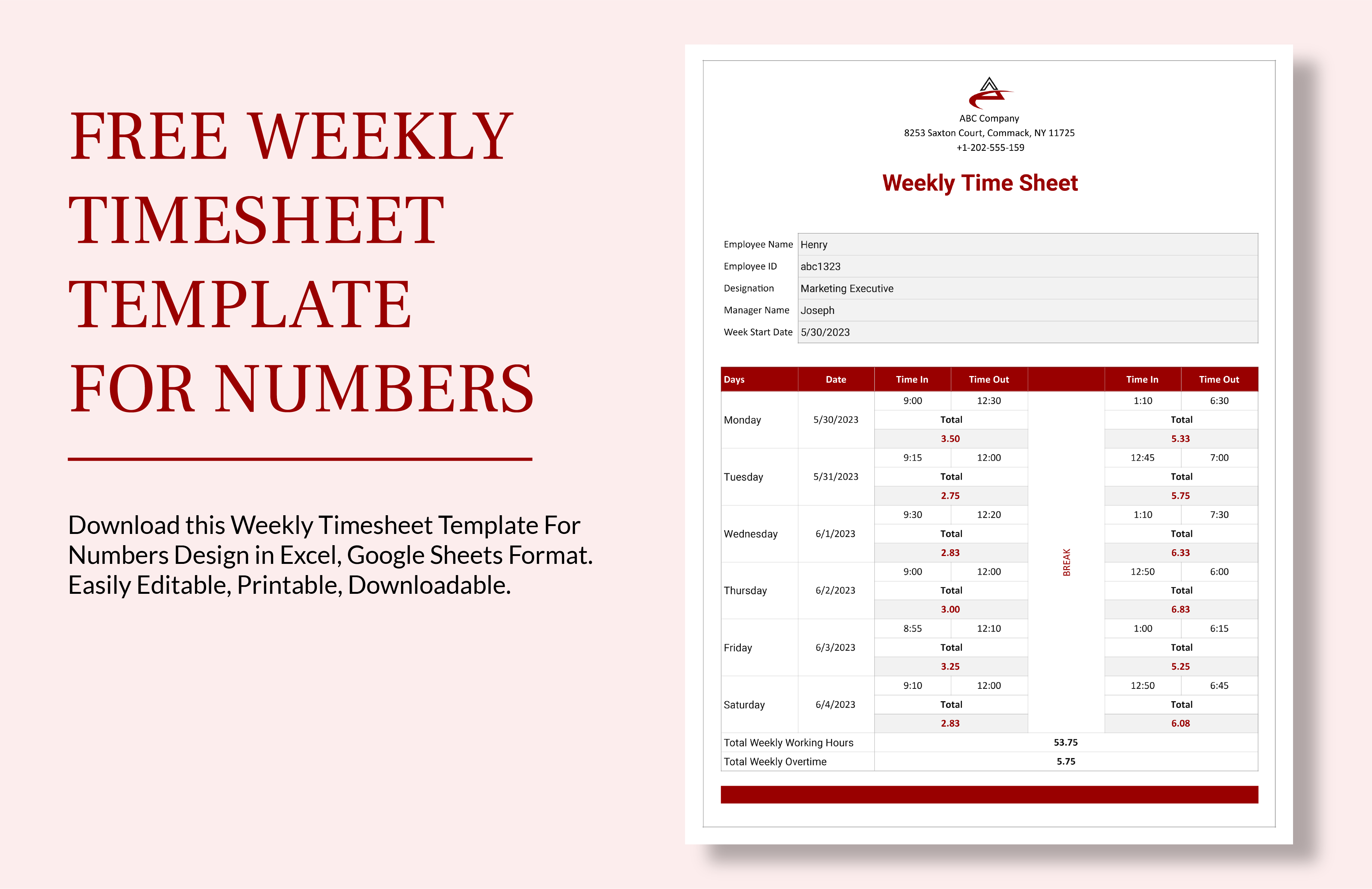 Numbers Timesheet Template Google Docs Google Sheets Excel Word