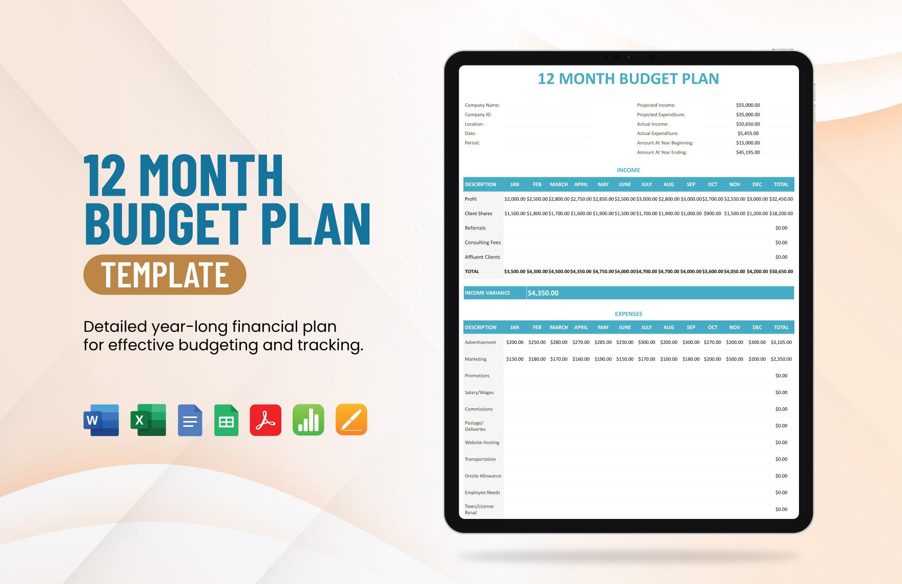 12 Month Budget Plan Template in Word, Google Docs, Excel, PDF, Google Sheets, Apple Pages, Apple Numbers
