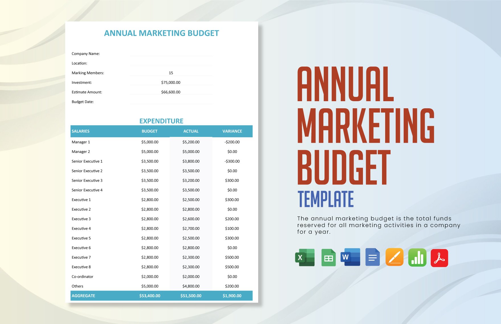 Annual Marketing Budget Template in Word, Google Docs, Excel, PDF, Google Sheets, Apple Pages, Apple Numbers