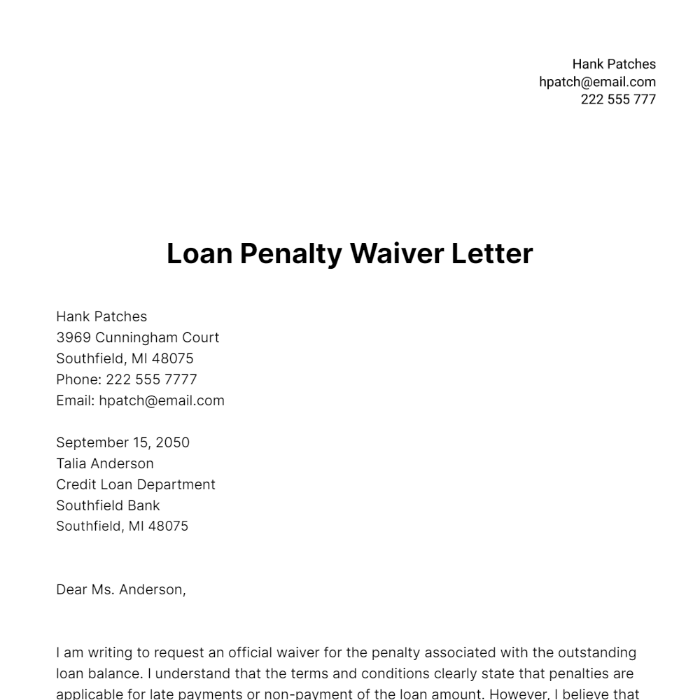 Free Loan Penalty Waiver Letter Template