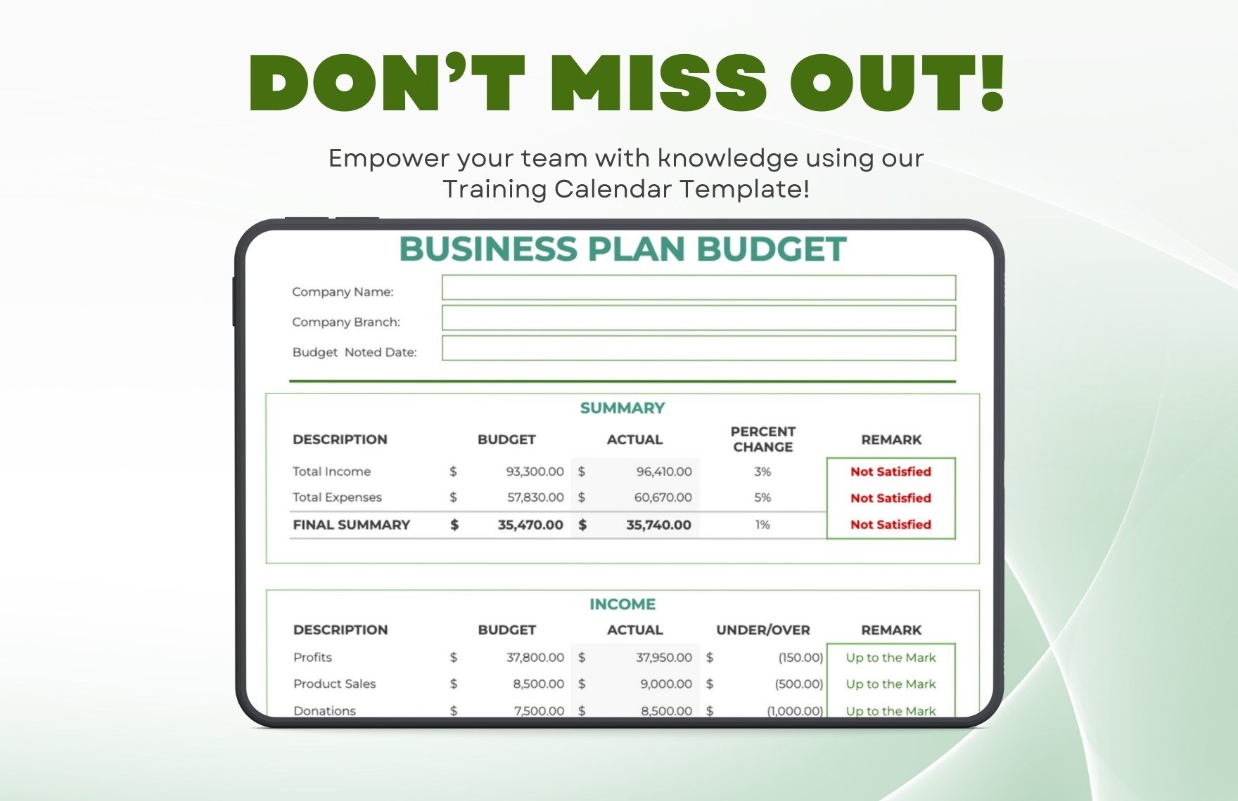 Simple Business Plan Budget Template