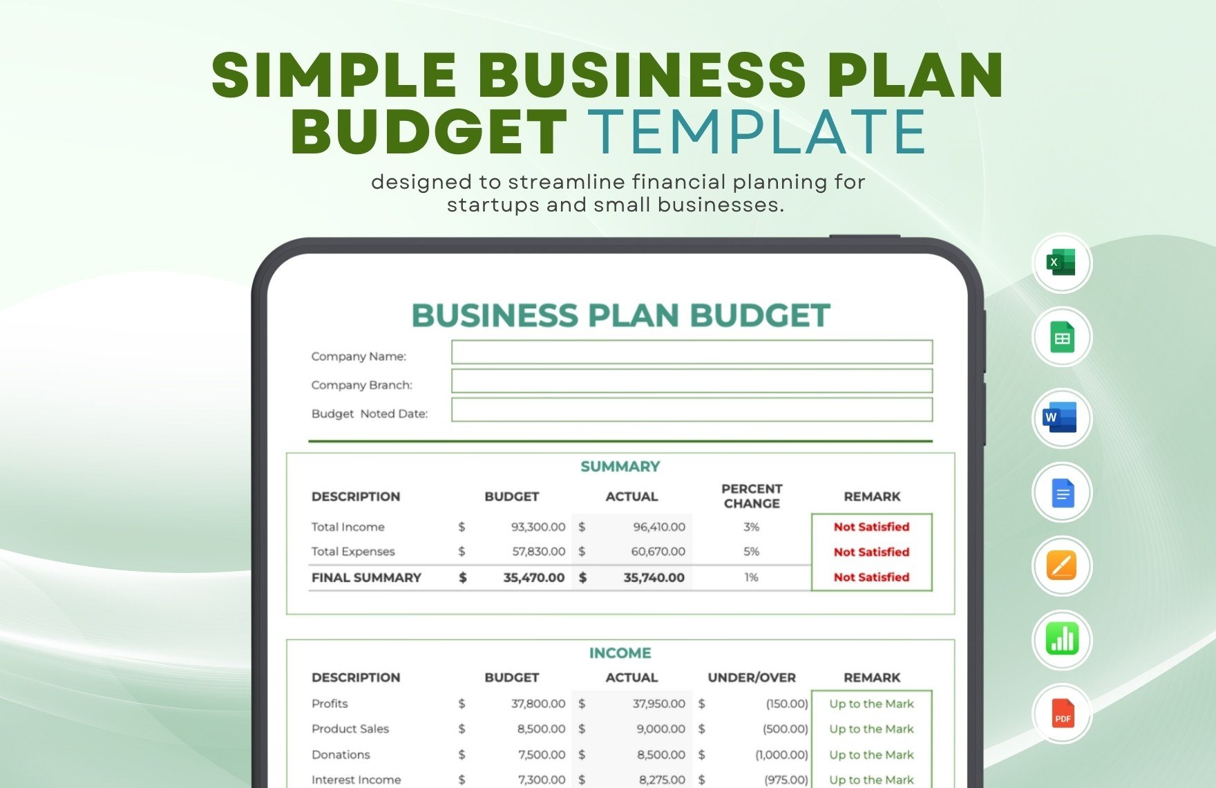 Simple Business Plan Budget Template