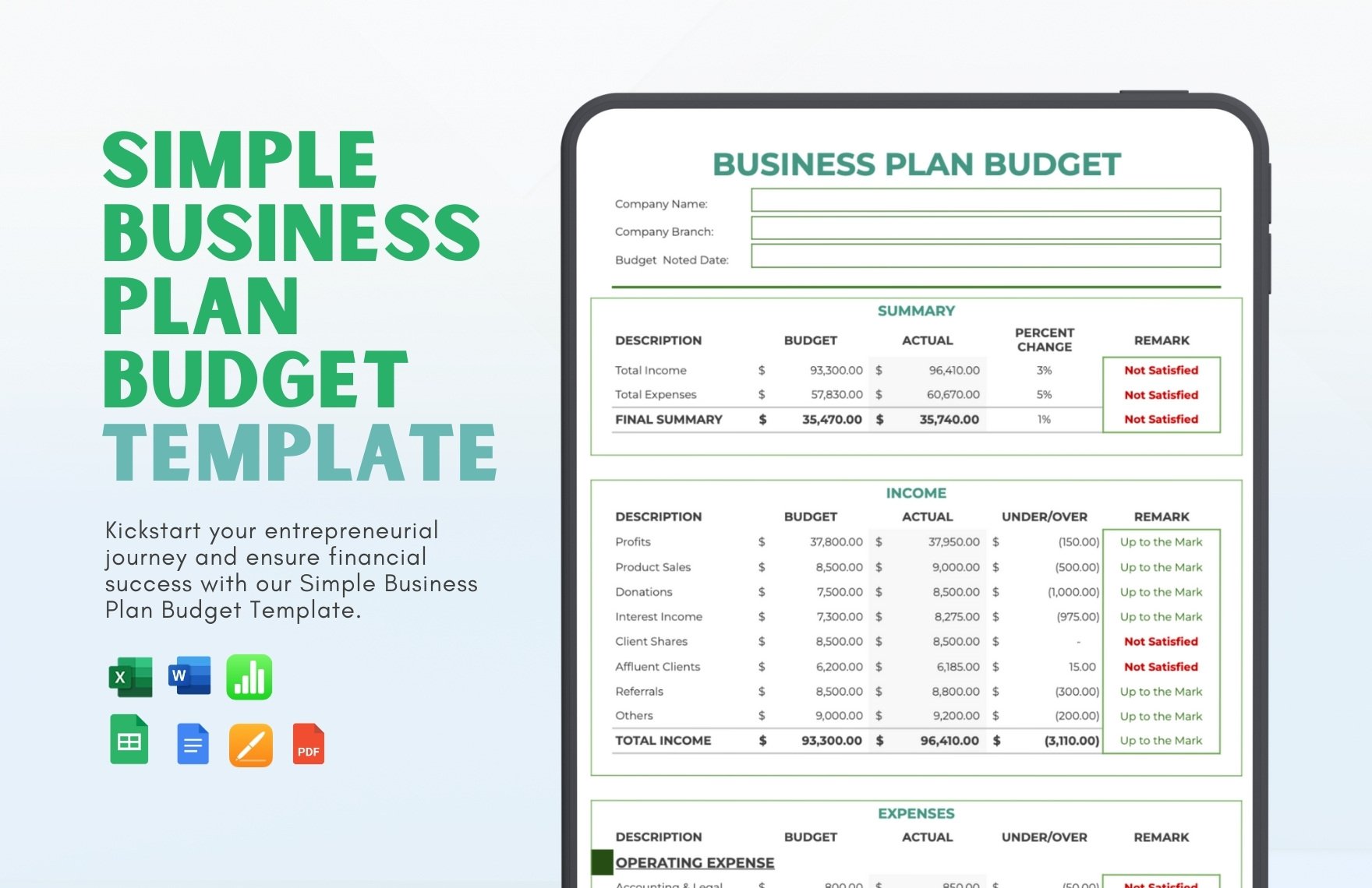 Free Simple Business Plan Budget Template
