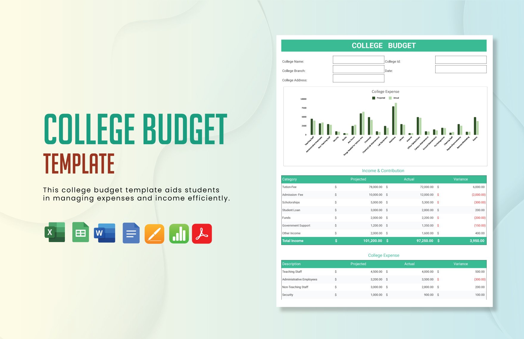 College Budget Template in Word, Google Docs, Excel, PDF, Google Sheets, Apple Pages, Apple Numbers