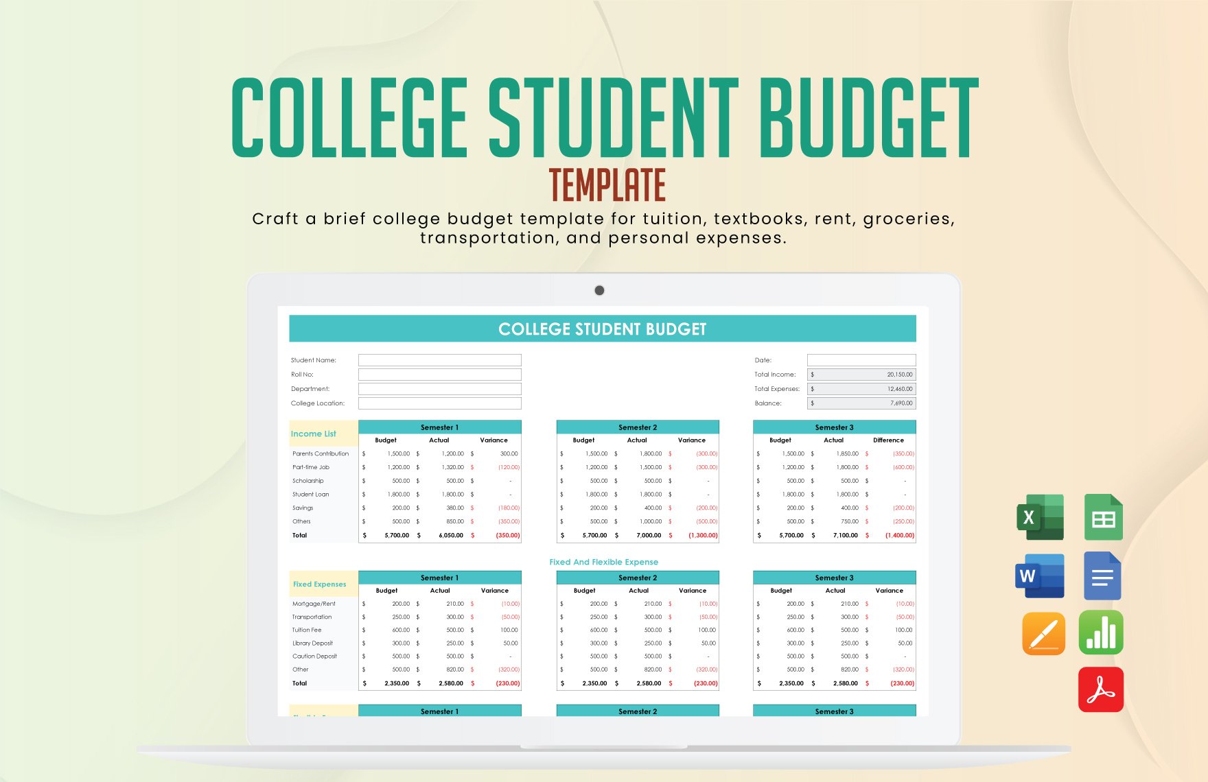 College Student Budget Template in Word, Google Docs, Excel, PDF, Google Sheets, Apple Pages, Apple Numbers