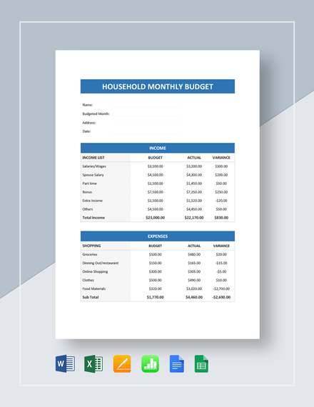 house hold monthly budget spreed sheet