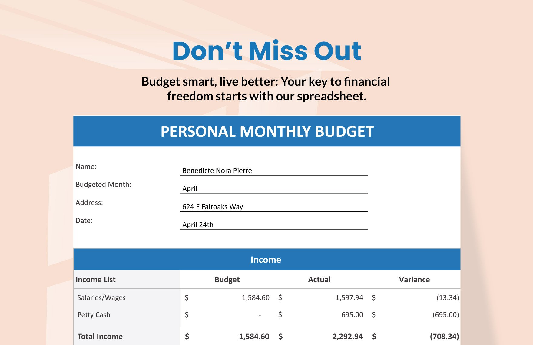 Simple Household Monthly Budget Spreadsheet Template