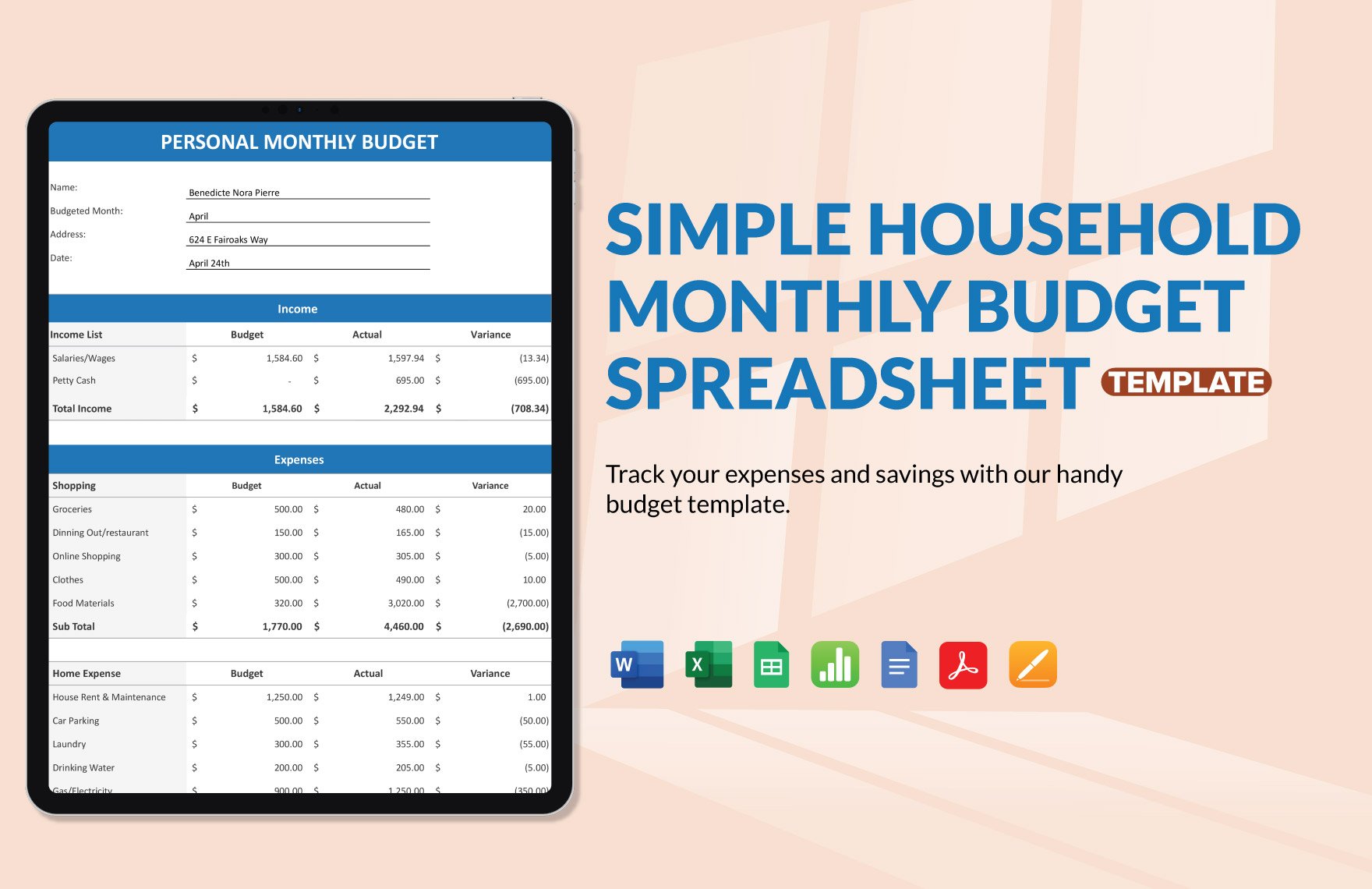 Simple Household Monthly Budget Spreadsheet Template