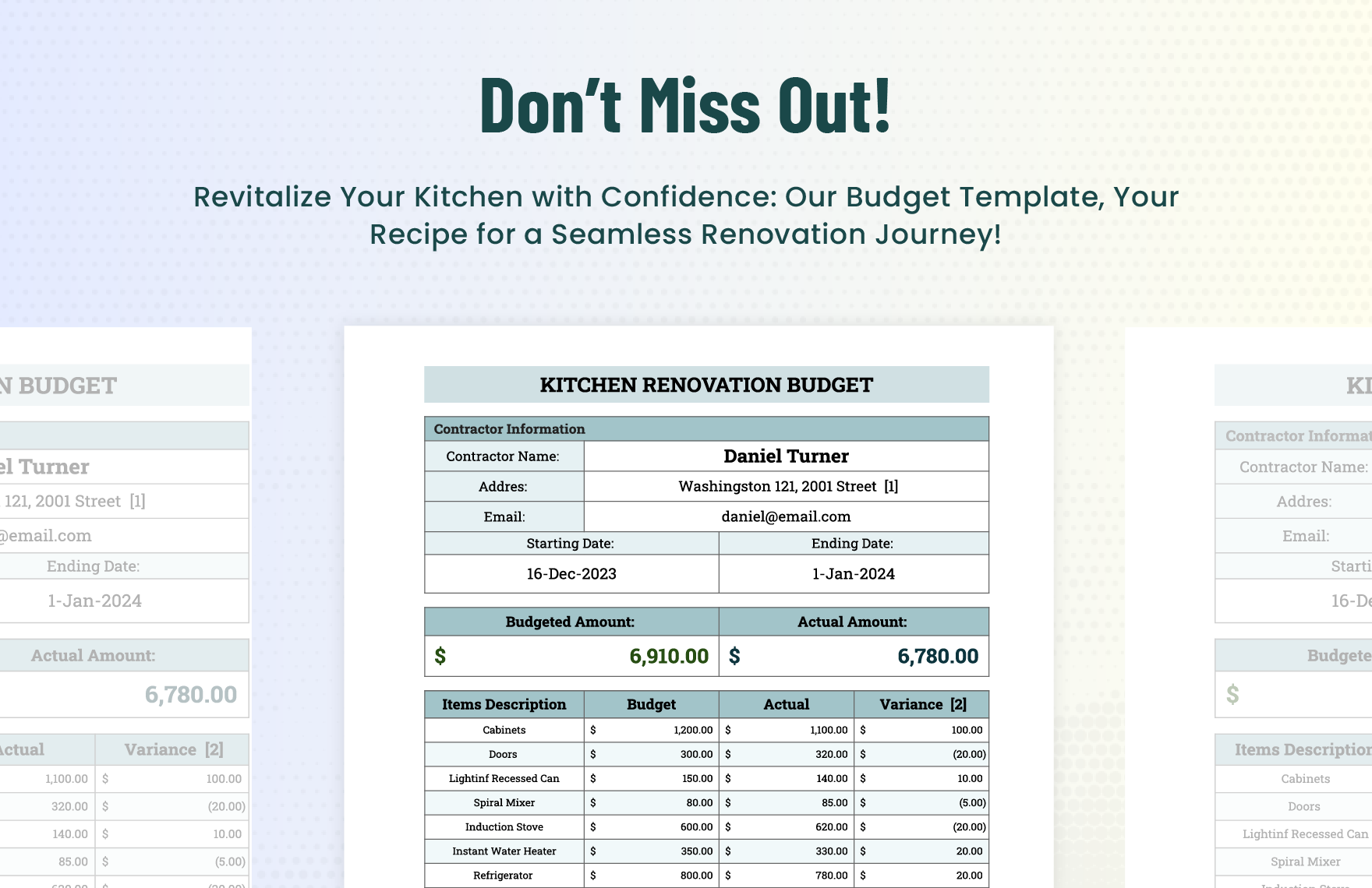 Sample Kitchen Renovation Budget Template
