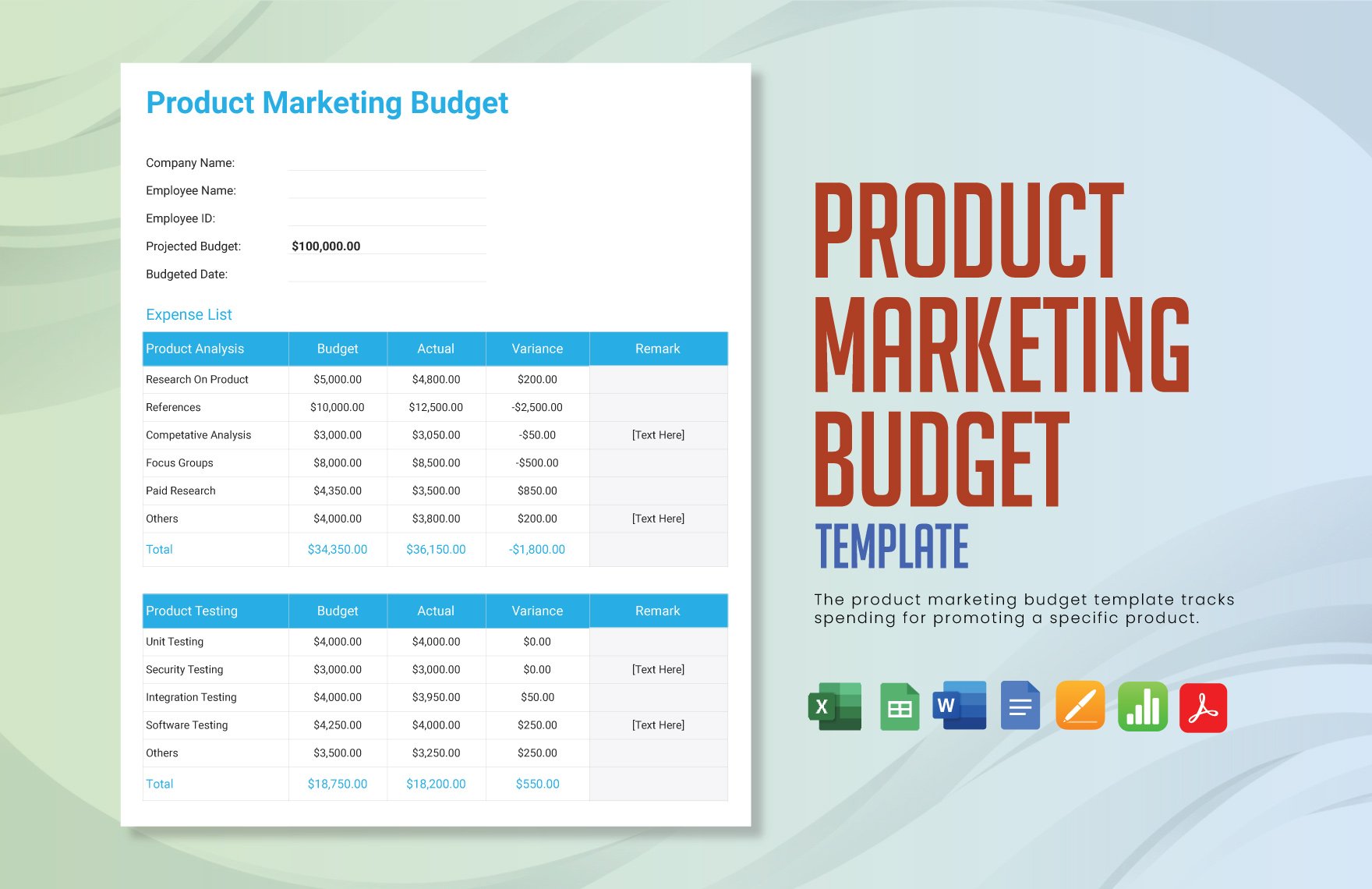 Product Marketing Budget Template in Word, Google Docs, Excel, PDF, Google Sheets, Apple Pages, Apple Numbers