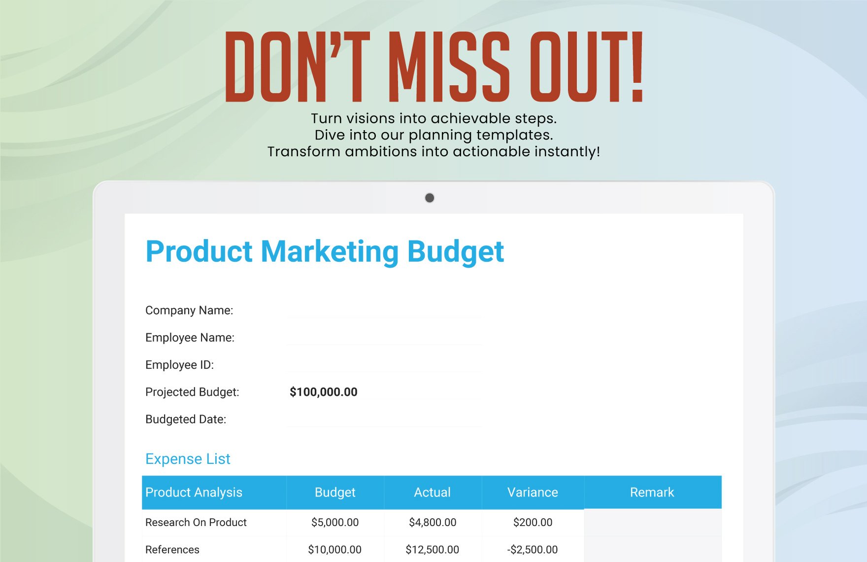 Product Marketing Budget Template