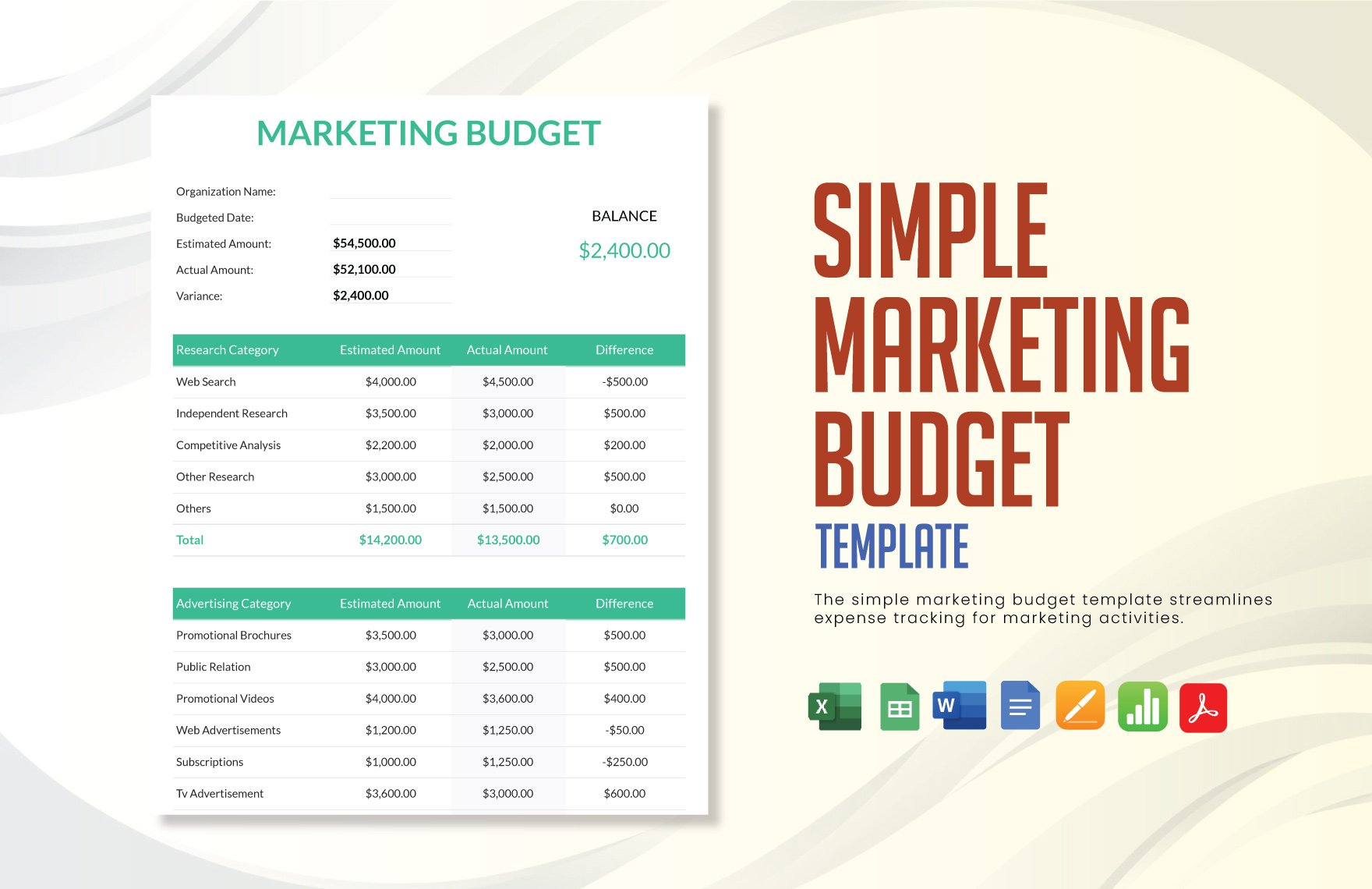 Simple Marketing Budget Template in Word, Google Docs, Excel, PDF, Google Sheets, Apple Pages, Apple Numbers