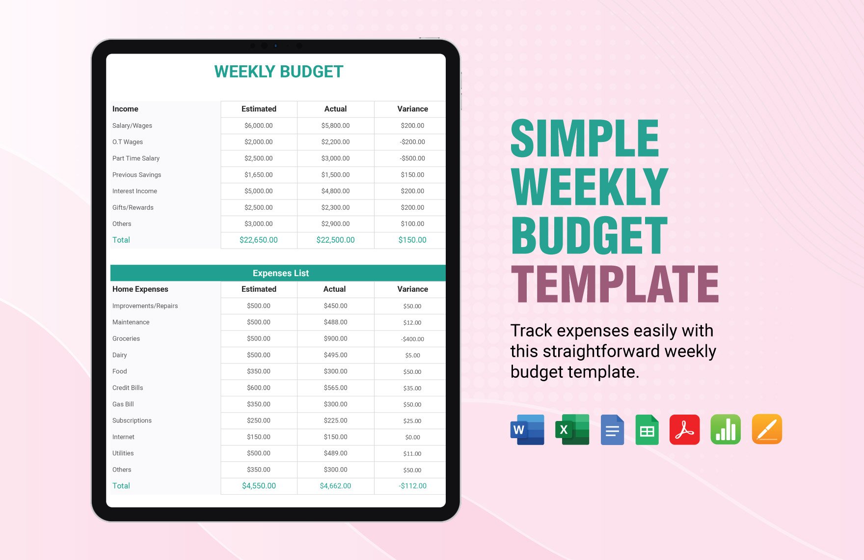 Simple Weekly Budget Template in Word, Google Docs, Excel, PDF, Google Sheets, Apple Pages, Apple Numbers