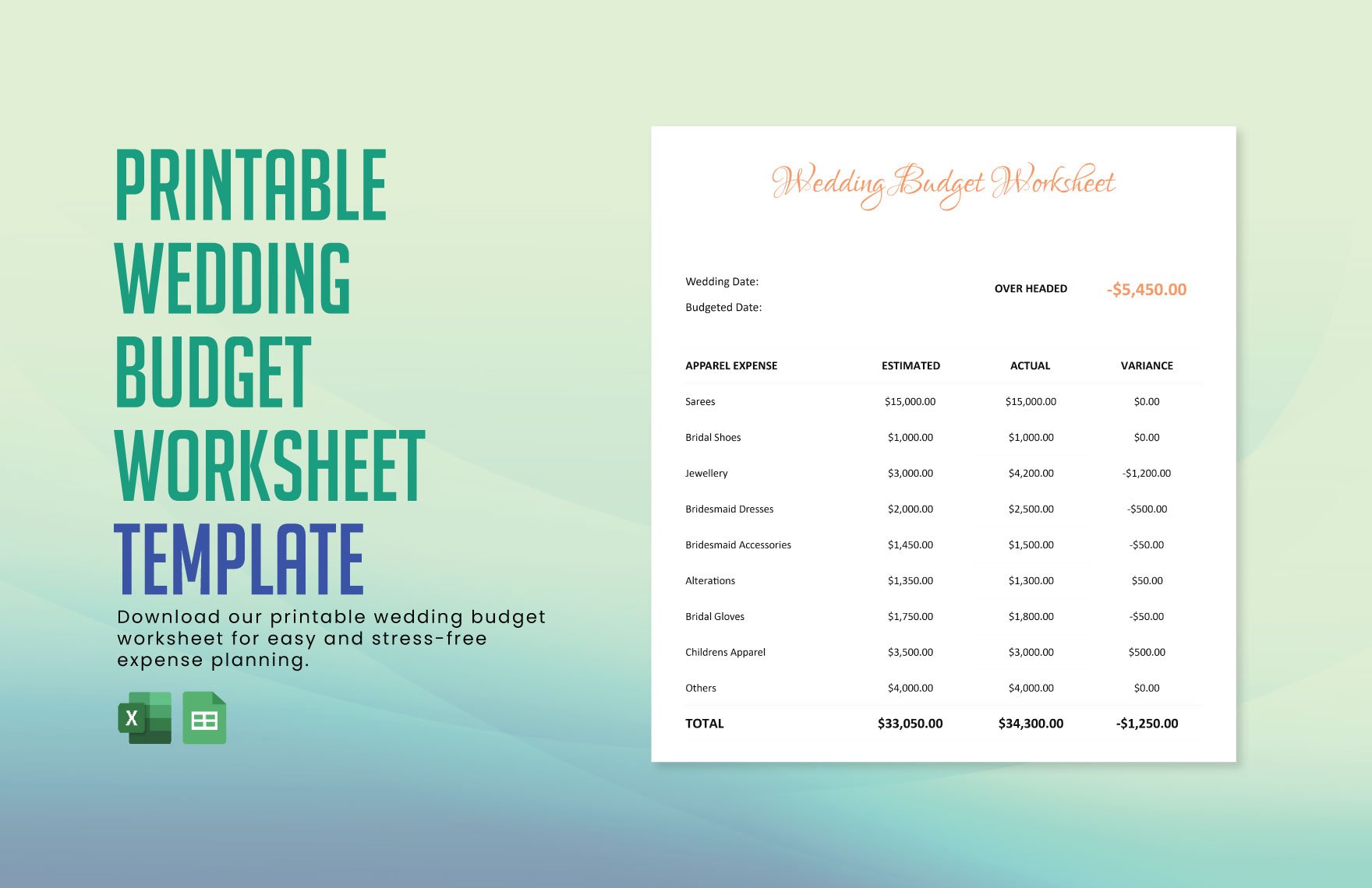 Printable Wedding Budget Worksheet Template