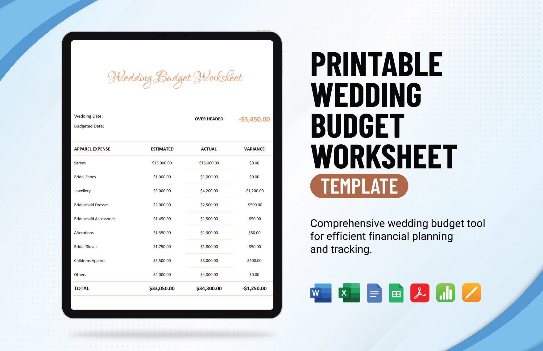 Printable Wedding Budget Worksheet Template in Google Sheets, Google Docs, Word, Excel, Apple Pages, Apple Numbers, PDF - Download | Template.net