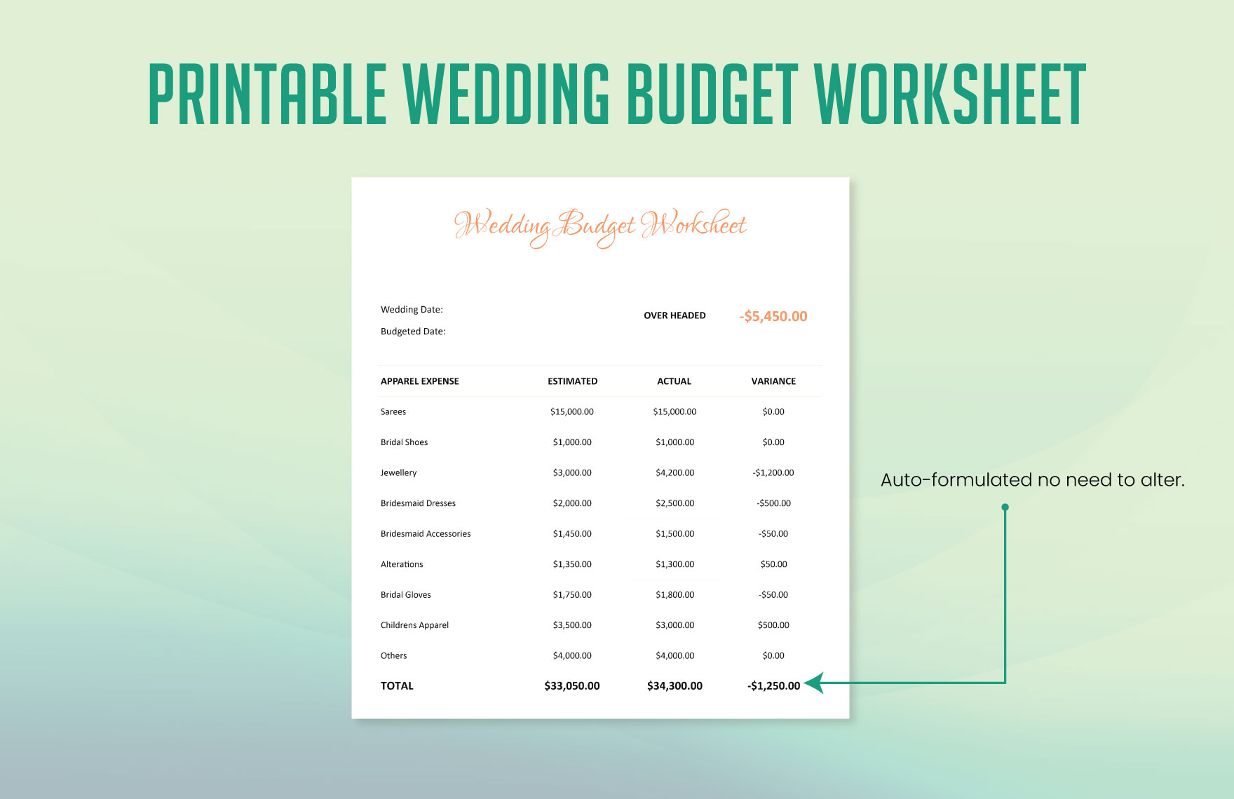 Printable Wedding Budget Worksheet Template