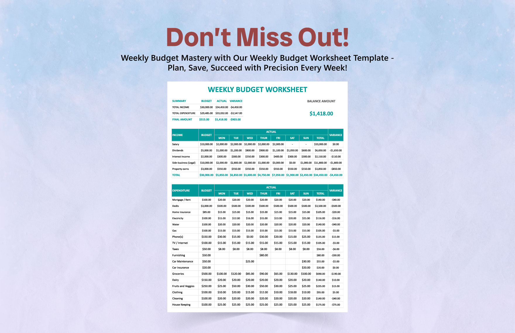 Weekly Budget Worksheet Template