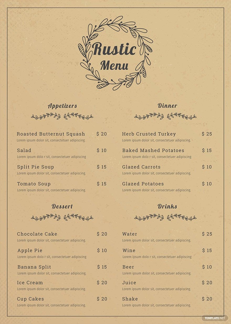 Simple Rustic Menu Template in Word, Illustrator, PSD, Apple Pages, Publisher