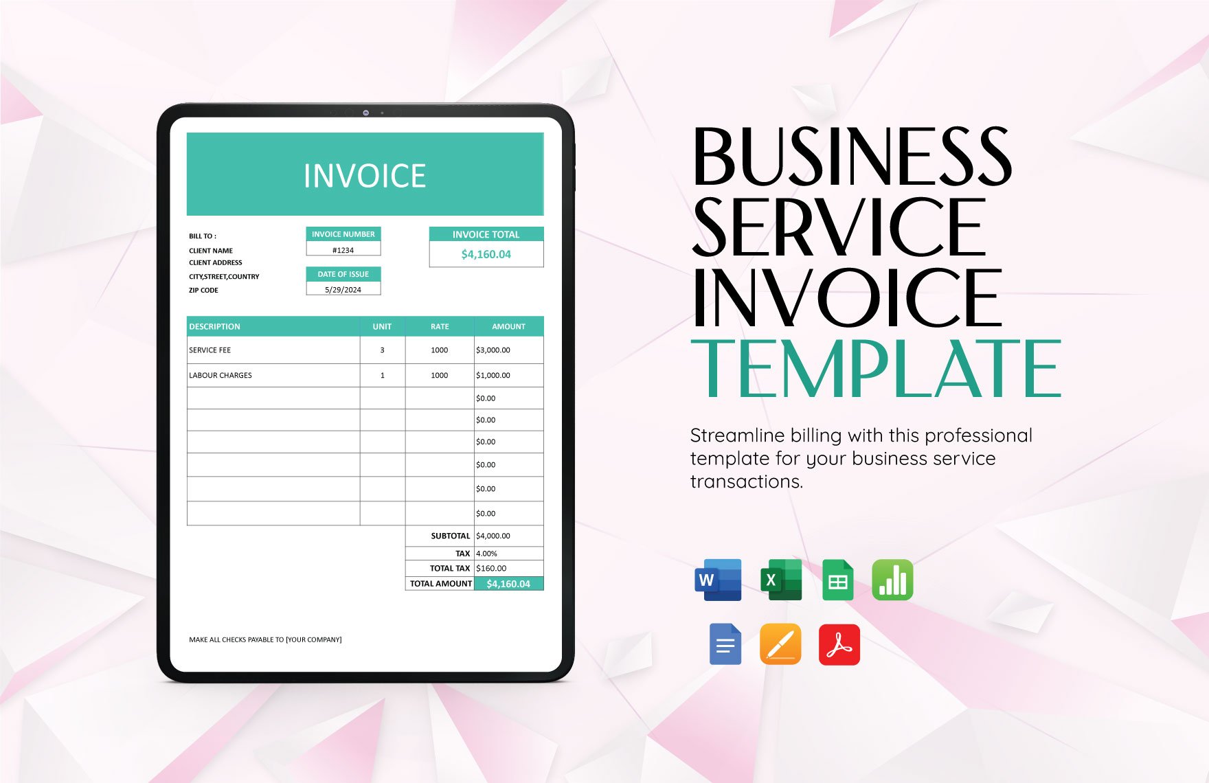 Business Service Invoice Template in Word, Google Docs, Excel, PDF, Google Sheets, Apple Pages, Apple Numbers