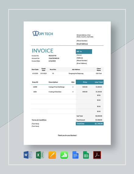 Job Invoice Template - Google Docs, Google Sheets, Excel, Word, Apple ...