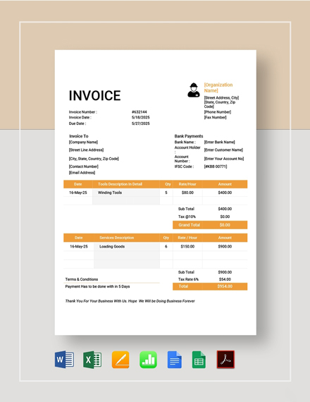 Labour Invoice Template - PDF | Word (DOC) | Excel | Google Docs | Apple (MAC) Pages | Google ...