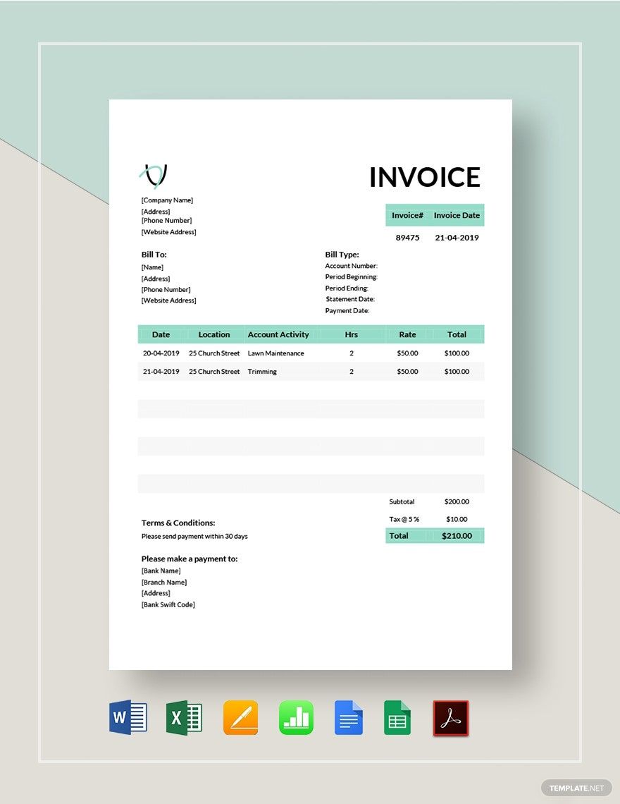 Landscaping Invoice Template Google Docs, Google Sheets, Excel, Word