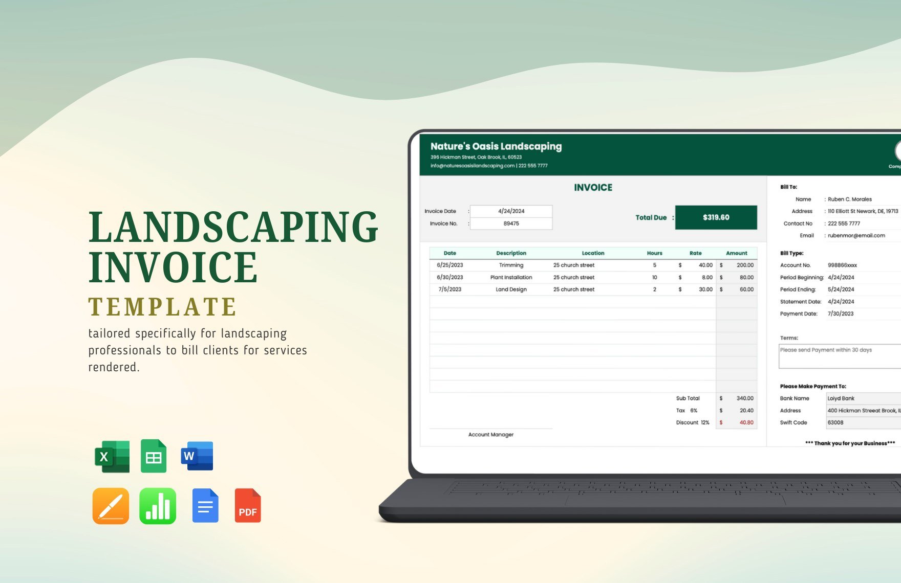 Landscaping Invoice Template in Word, Google Docs, Excel, PDF, Google Sheets, Apple Pages, Apple Numbers