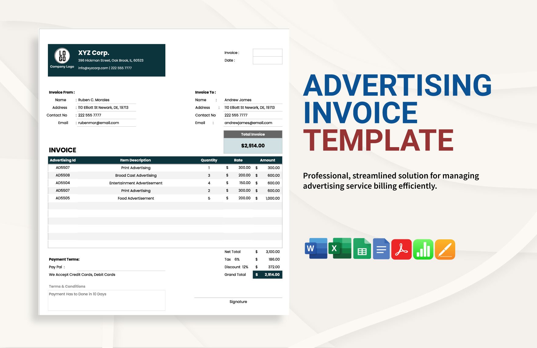 Advertising Invoice Template in Word, Google Docs, Excel, PDF, Google Sheets, Apple Pages, Apple Numbers