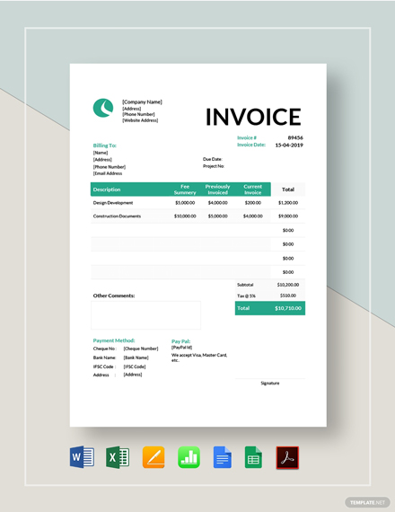 Architect Invoice Template - PDF | Word | Excel | Google Docs | Apple ...