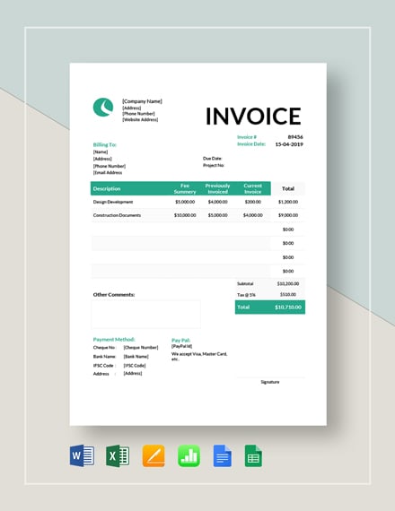 Design Architect Invoice Template - Word, Pages