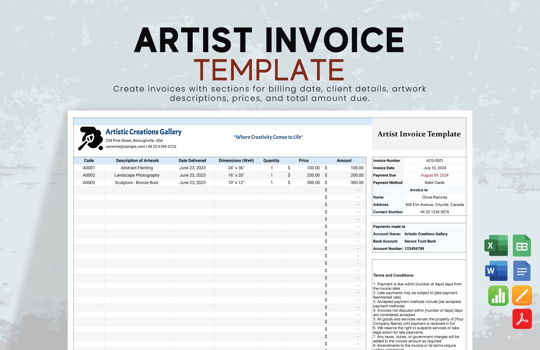 Artist Invoice Template in Word, Google Docs, Excel, PDF, Google Sheets, Apple Pages, Apple Numbers