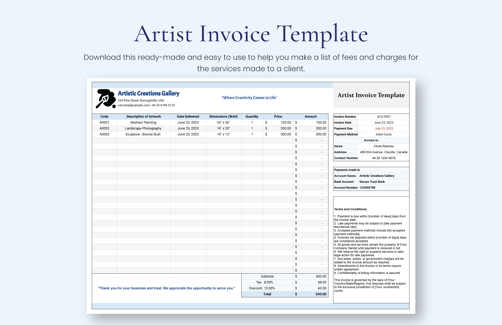 Artist Invoice Template in Google Docs, Word, Apple Numbers, Pages, PDF, Excel, Google Sheets - Download | Template.net