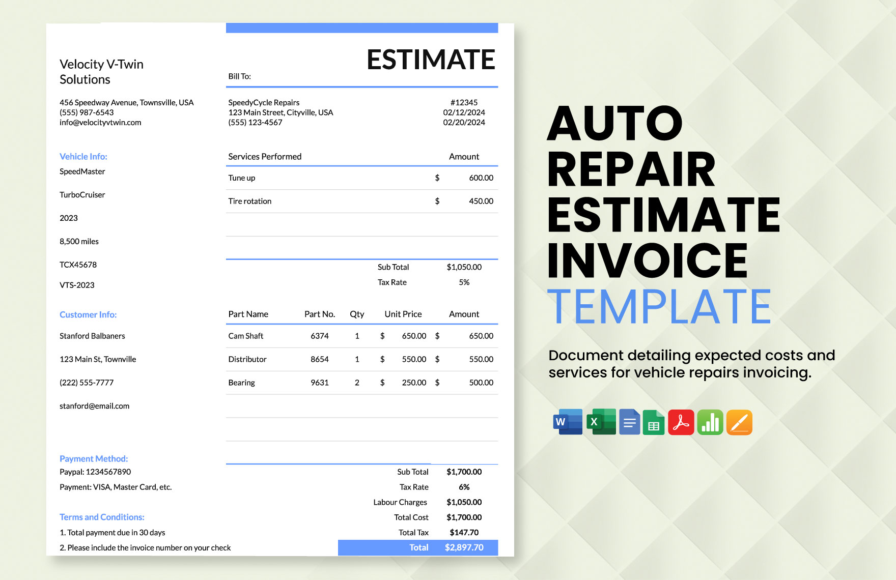 Auto Repair Estimate Invoice Template