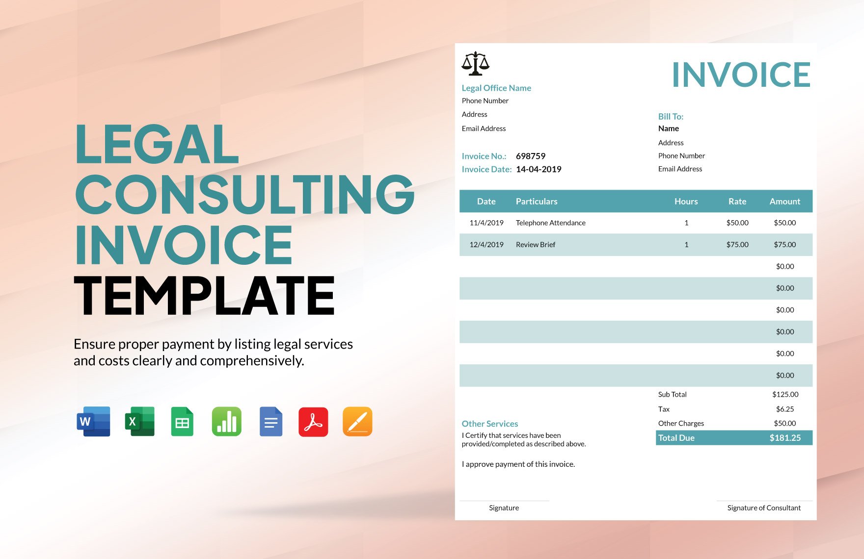 Legal Consulting Invoice Template in Word, Google Docs, Excel, PDF, Google Sheets, Apple Pages, Apple Numbers