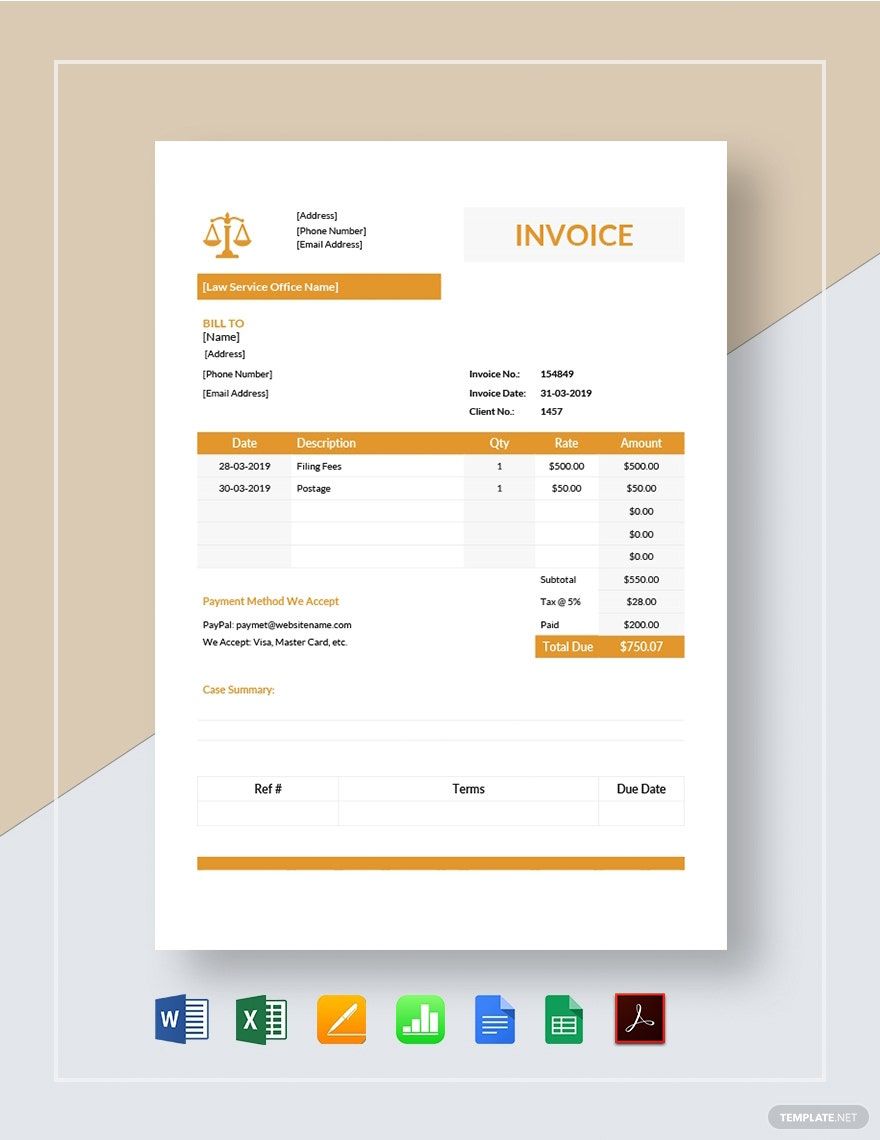 Legal Services Invoice in Google Sheets, Google Docs, Excel, Word, Pages, Apple Numbers, PDF - Download | Template.net