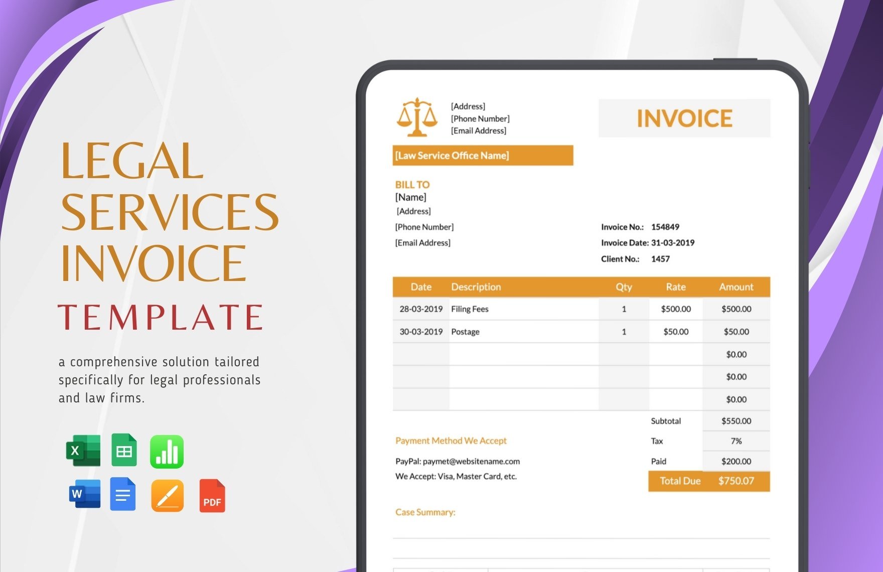 Free Legal Services Invoice Template in Word, Google Docs, Excel, PDF, Google Sheets, Apple Pages, Apple Numbers