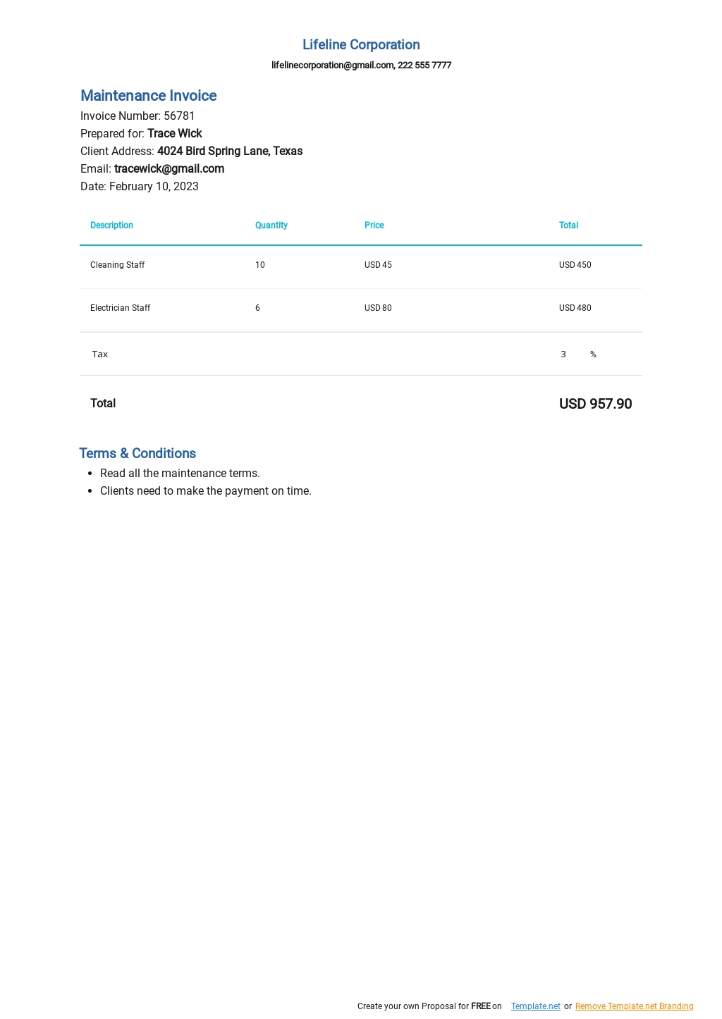 Maintenance Invoice Template - Google Docs, Google Sheets, Excel Pertaining To Maintenance Invoice Template Free