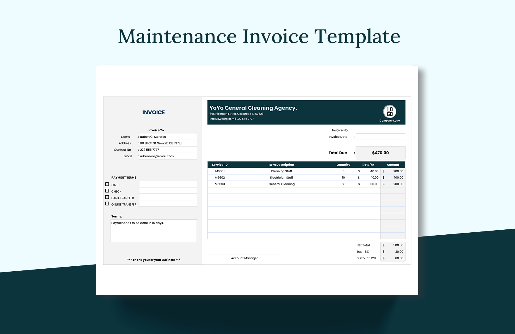 Maintenance Invoice Template in Google Docs, Pages, Word, Apple Numbers, PDF, Excel, Google Sheets - Download | Template.net