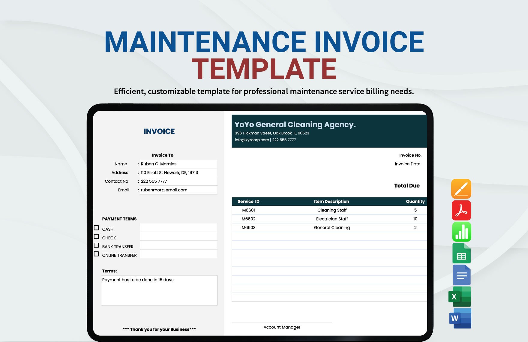Maintenance Invoice Template in Word, Google Docs, Excel, PDF, Google Sheets, Apple Pages, Apple Numbers