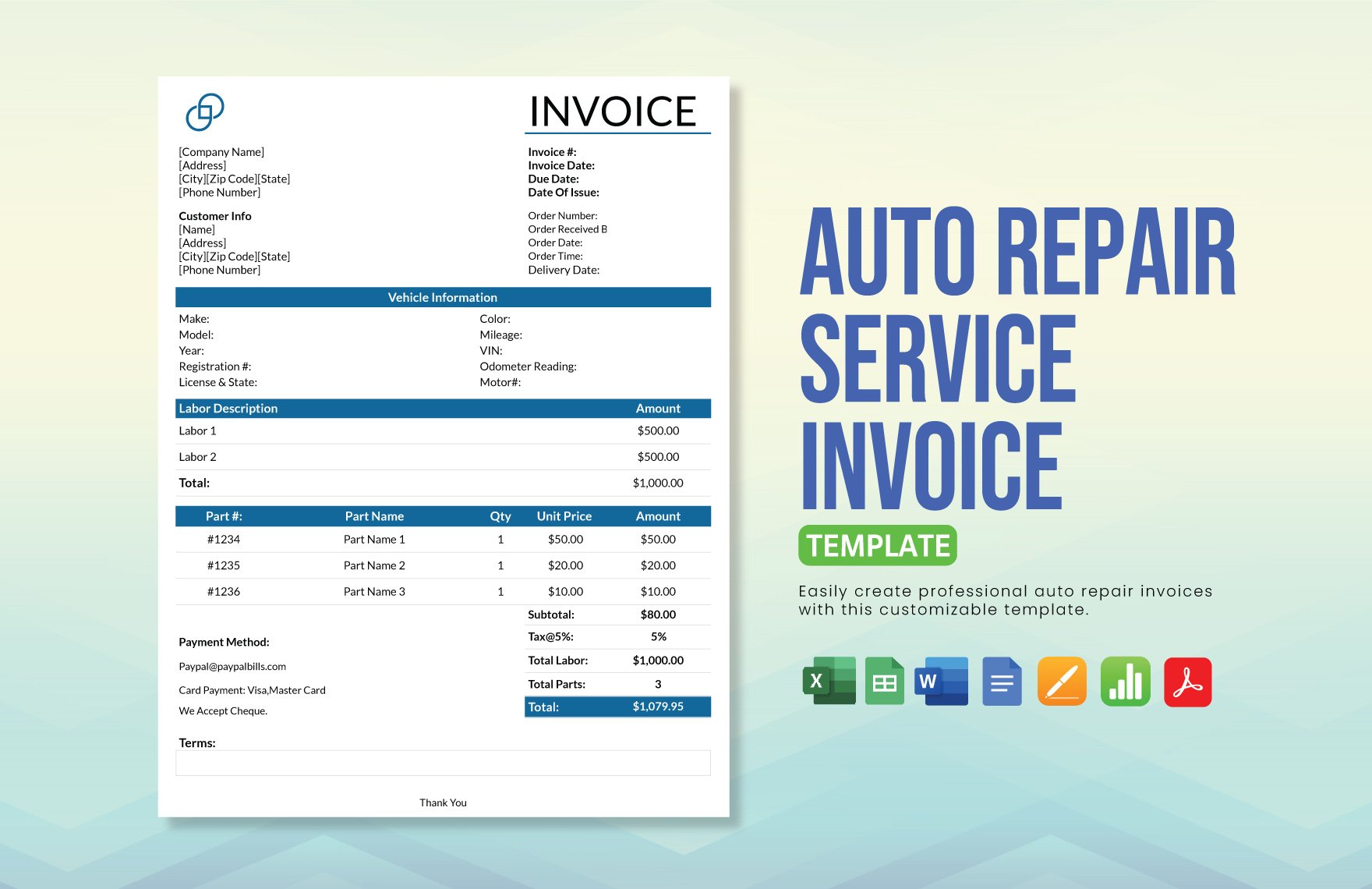 Auto Repair Service Invoice Template in Word, Google Docs, Excel, PDF, Google Sheets, Apple Pages, Apple Numbers