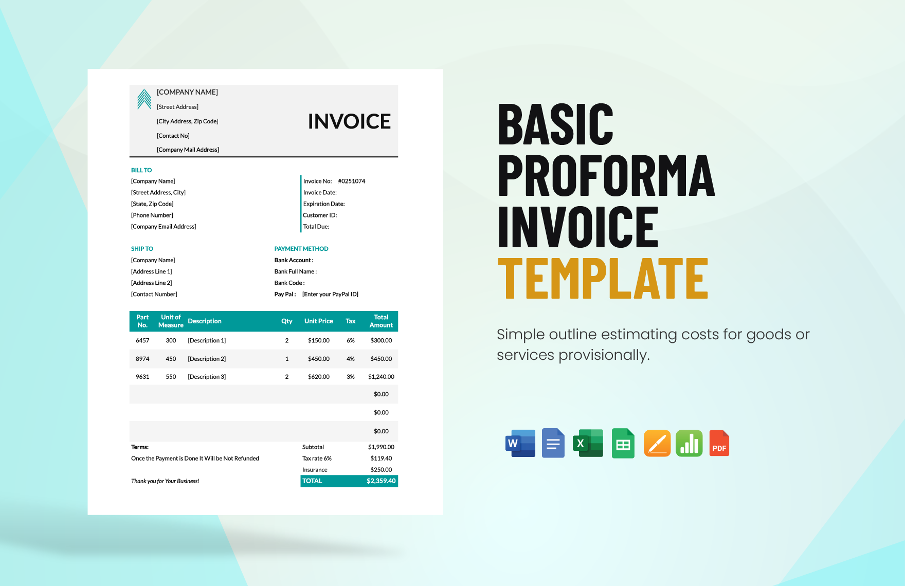 Free Basic Proforma Invoice Template in Word, Google Docs, Excel, PDF, Google Sheets, Apple Pages, Apple Numbers