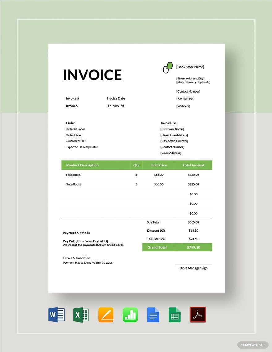 Book Store Invoice Template Word, Google Docs, Excel, PDF, Google