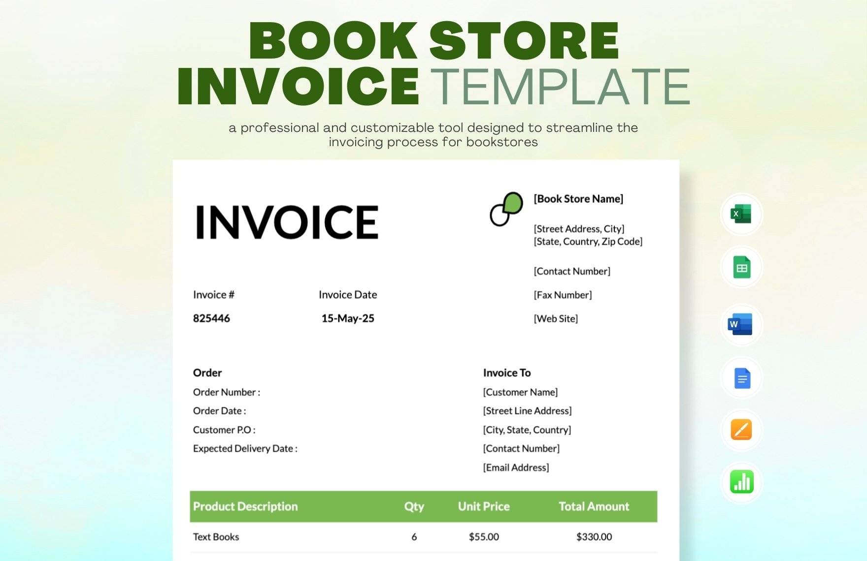 Book Store Invoice Template in Word, Google Docs, Excel, PDF, Google Sheets, Apple Pages, Apple Numbers