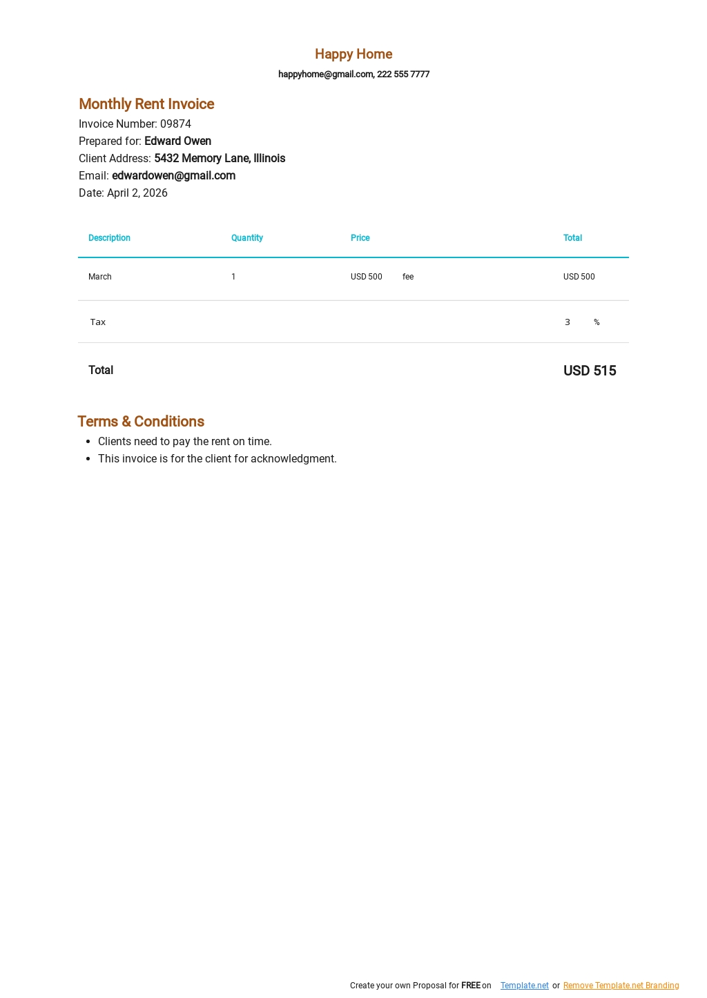 Commercial Rent Invoice Template Google Docs Google Sheets Excel