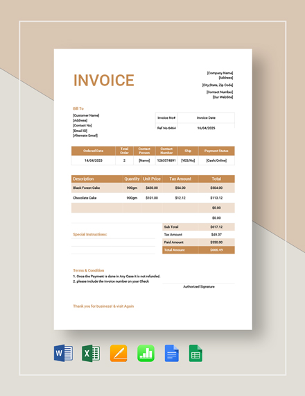 Cake Invoice Template 12  Free Word PDF Documents Download