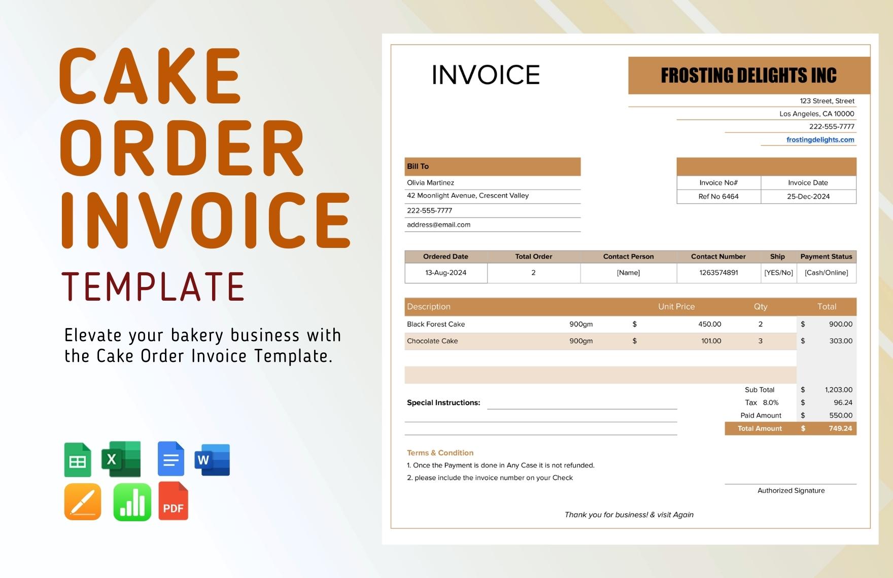 Cake Order Invoice Template in Word, Pages, Apple Numbers, Google Docs, PDF, Excel, Google Sheets - Download | Template.net