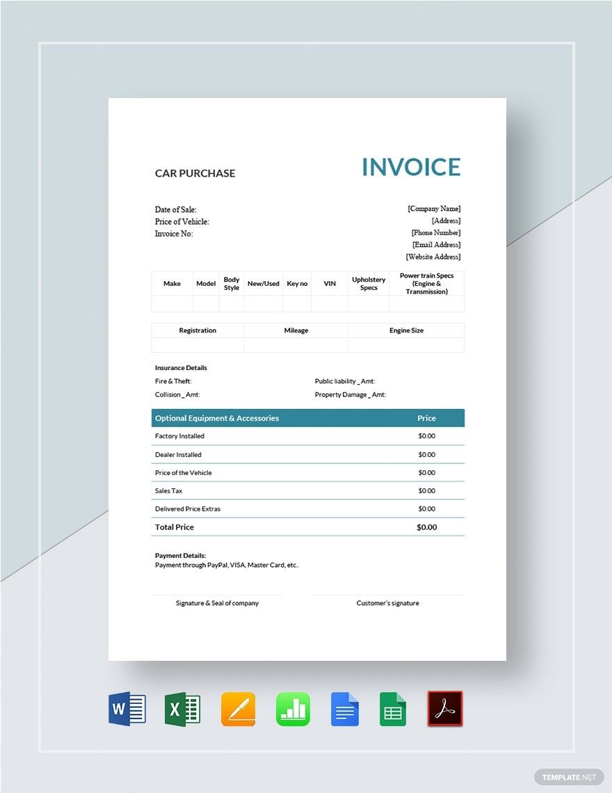 Car Purchase Invoice Template in Pages, Word, Excel, Apple Numbers, Google Sheets, Google Docs, PDF - Download | Template.net