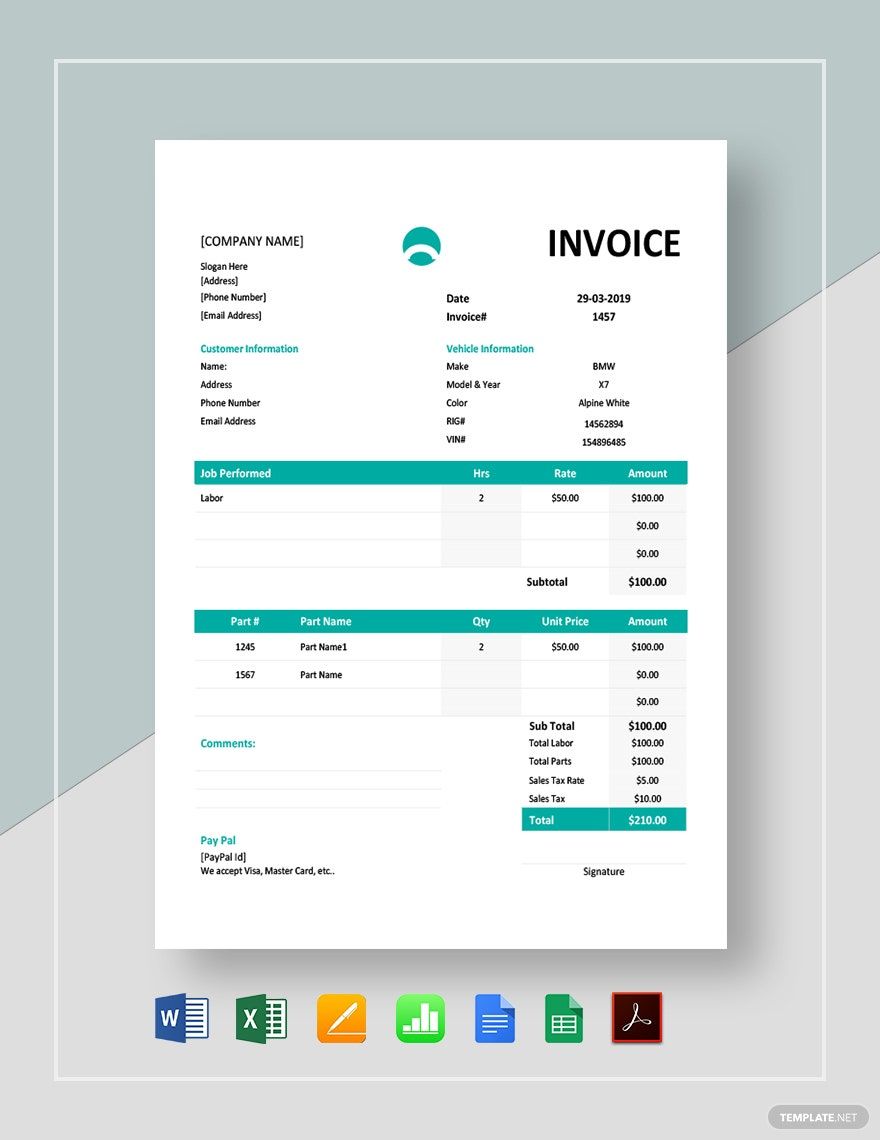 Car Repair Invoice Template in Google Sheets, Excel, Pages, Apple Numbers, Word, Google Docs, PDF - Download | Template.net