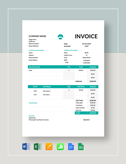 14+ Car Invoice Templates - Google Docs, Google Sheets, Excel, Word ...