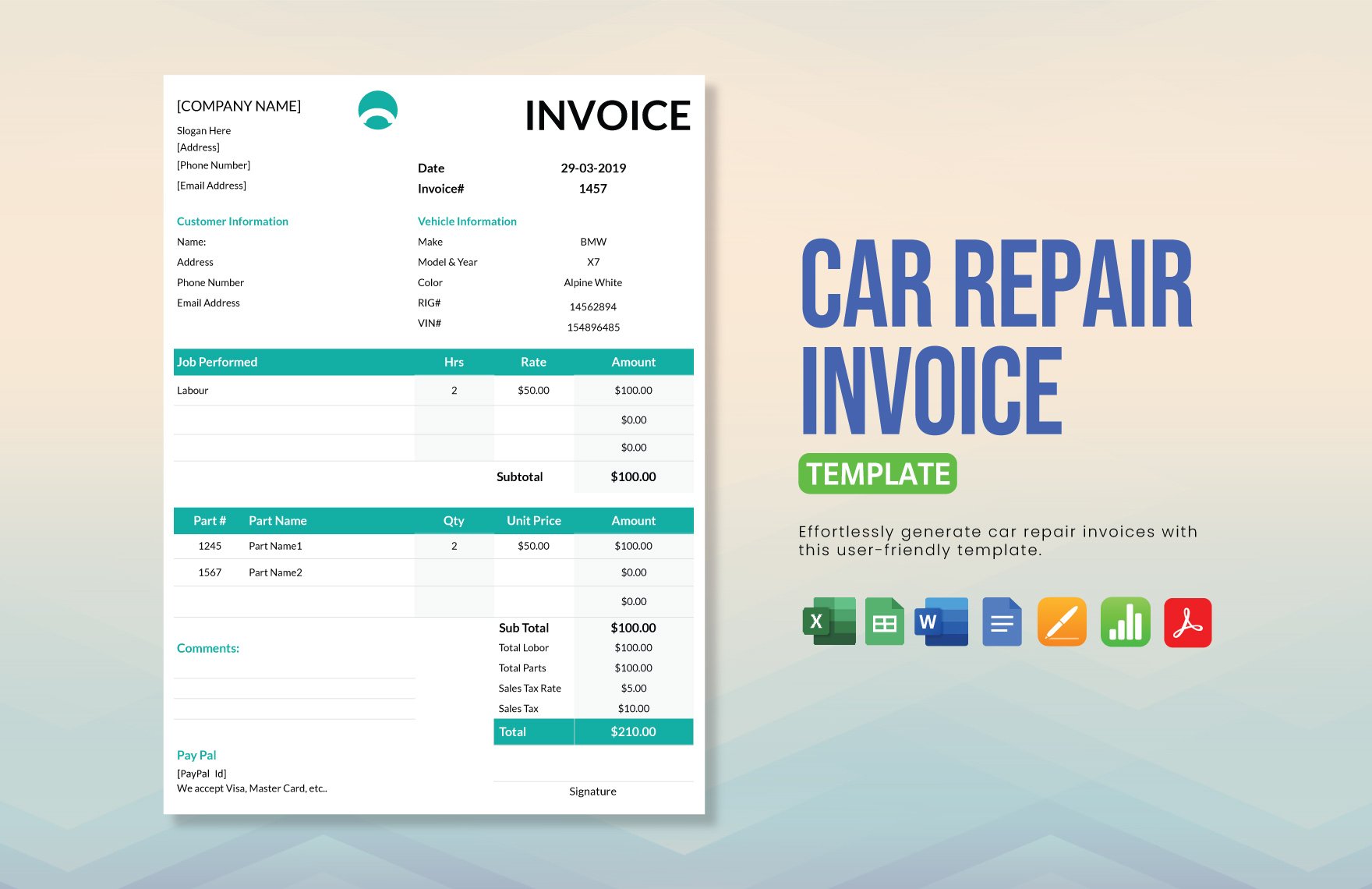 Car Repair Invoice Template in Word, Google Docs, Excel, PDF, Google Sheets, Apple Pages, Apple Numbers